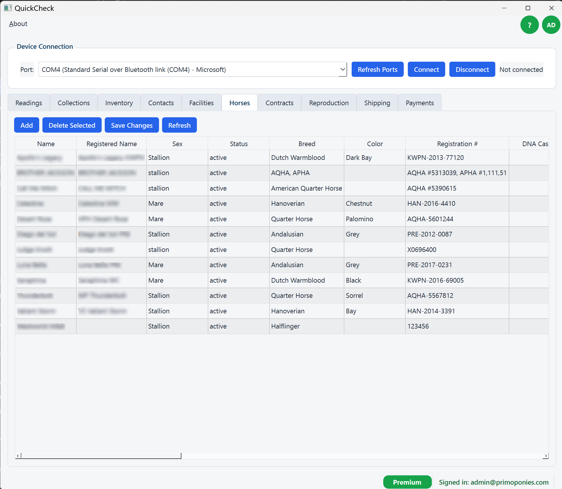 QuickCheck main dashboard showing readings and device status